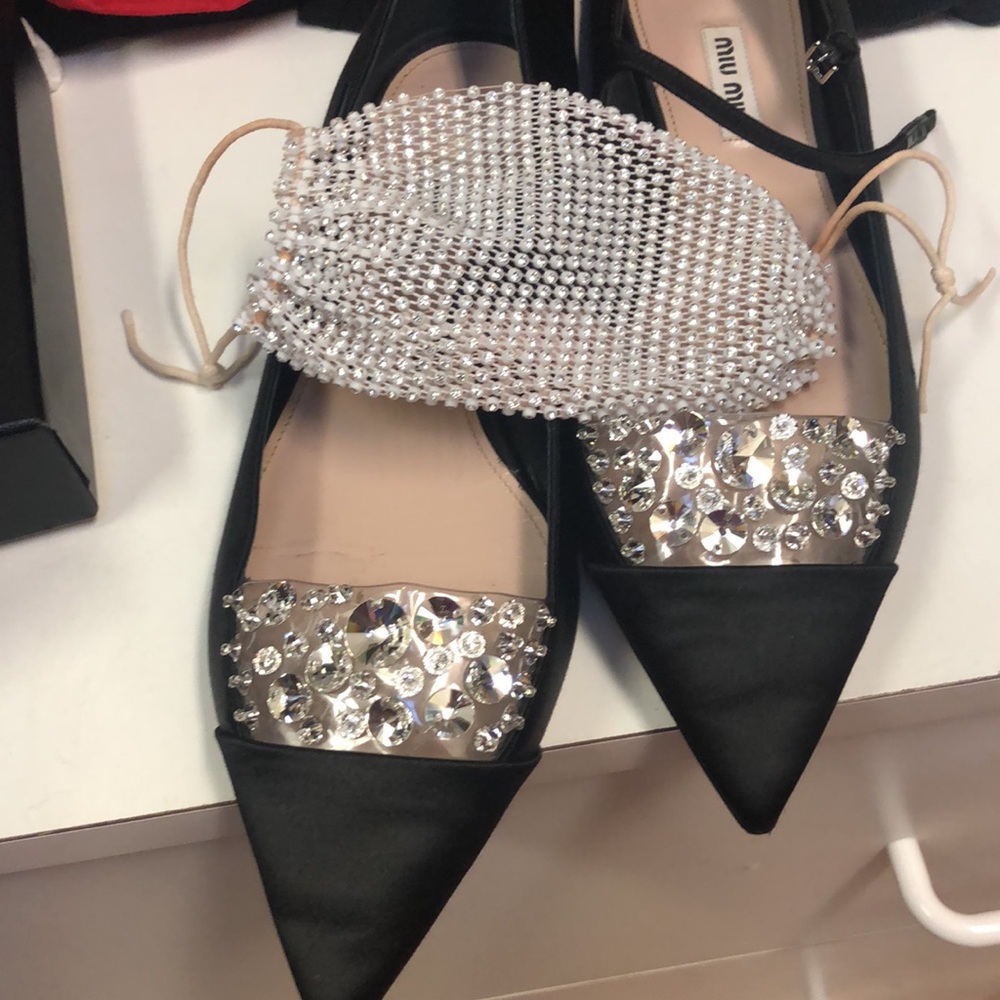 Miu Miu Black Satin Crystal Embellished Ankle Strap Pointed Toe Ballet Flats 40 - Picture 11 of 16